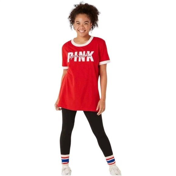 PINK Victoria's Secret 100% Cotton Short Sleeve Campus Ringer Red T-Shirt M - Picture 3 of 10
